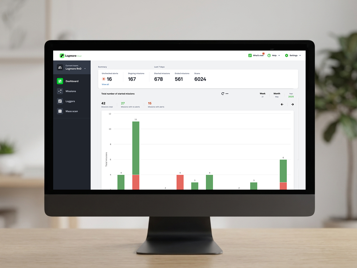 Logmore Cloud dashboard on a desktop display