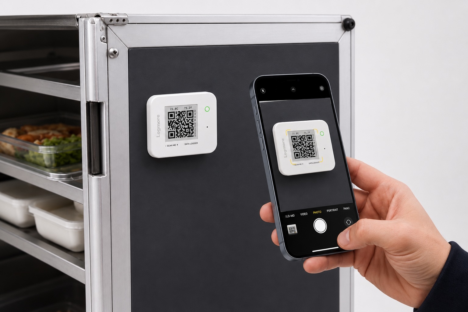 Logmore QR data logger on a food catering cart
