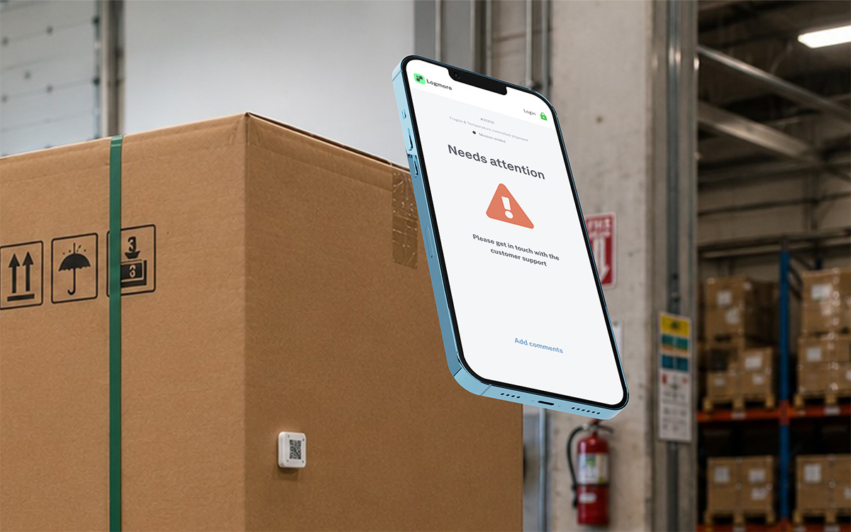 Logmore scan showing a needs-attention alert next to an industrial shipment