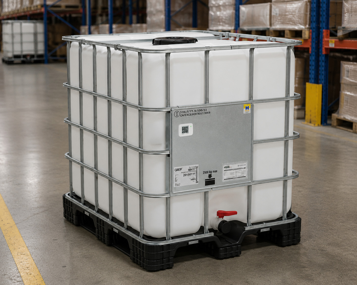 Logmore QR data logger attached to an IBC tank in a warehouse