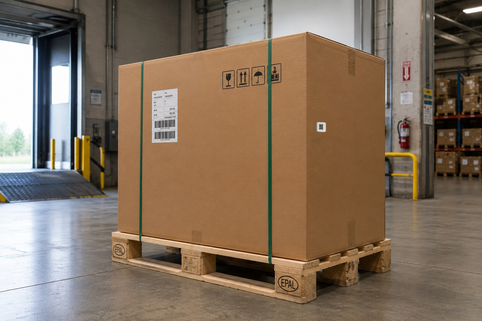 Logmore QR data logger attached to a large industrial shipment on a pallet