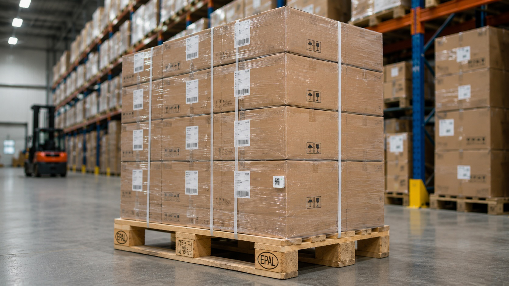 Logmore data logger attached to a pallet in a warehouse
