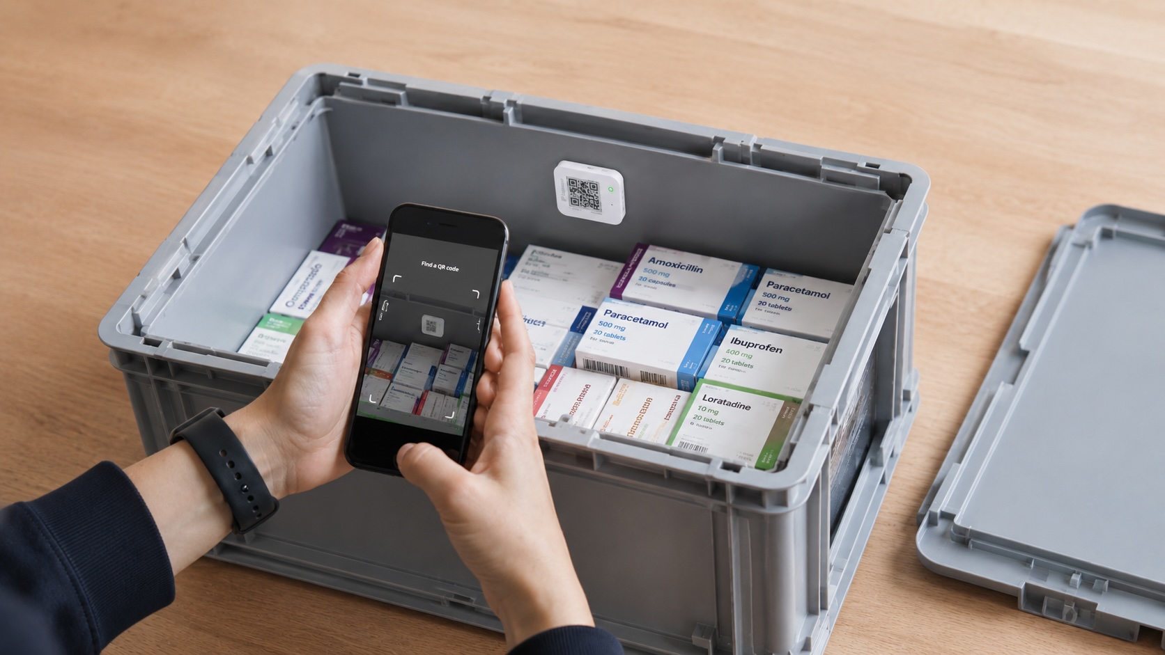 A receiver scanning a Logmore QR data logger on a pharmaceutical shipment