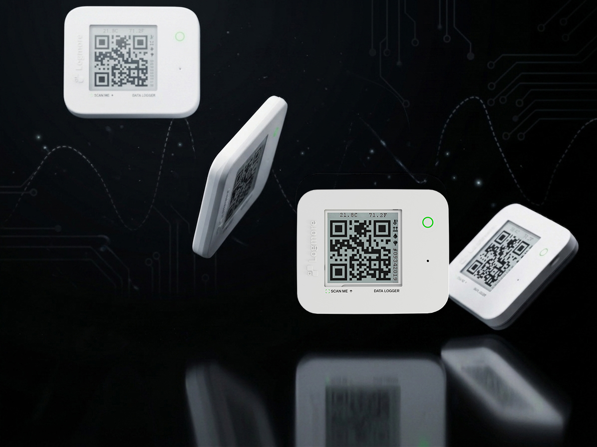 Logmore QR data loggers floating over a dark technical background
