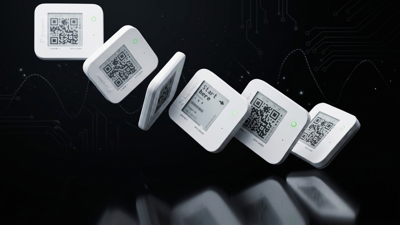 Logmore QR data loggers floating over a dark industrial background