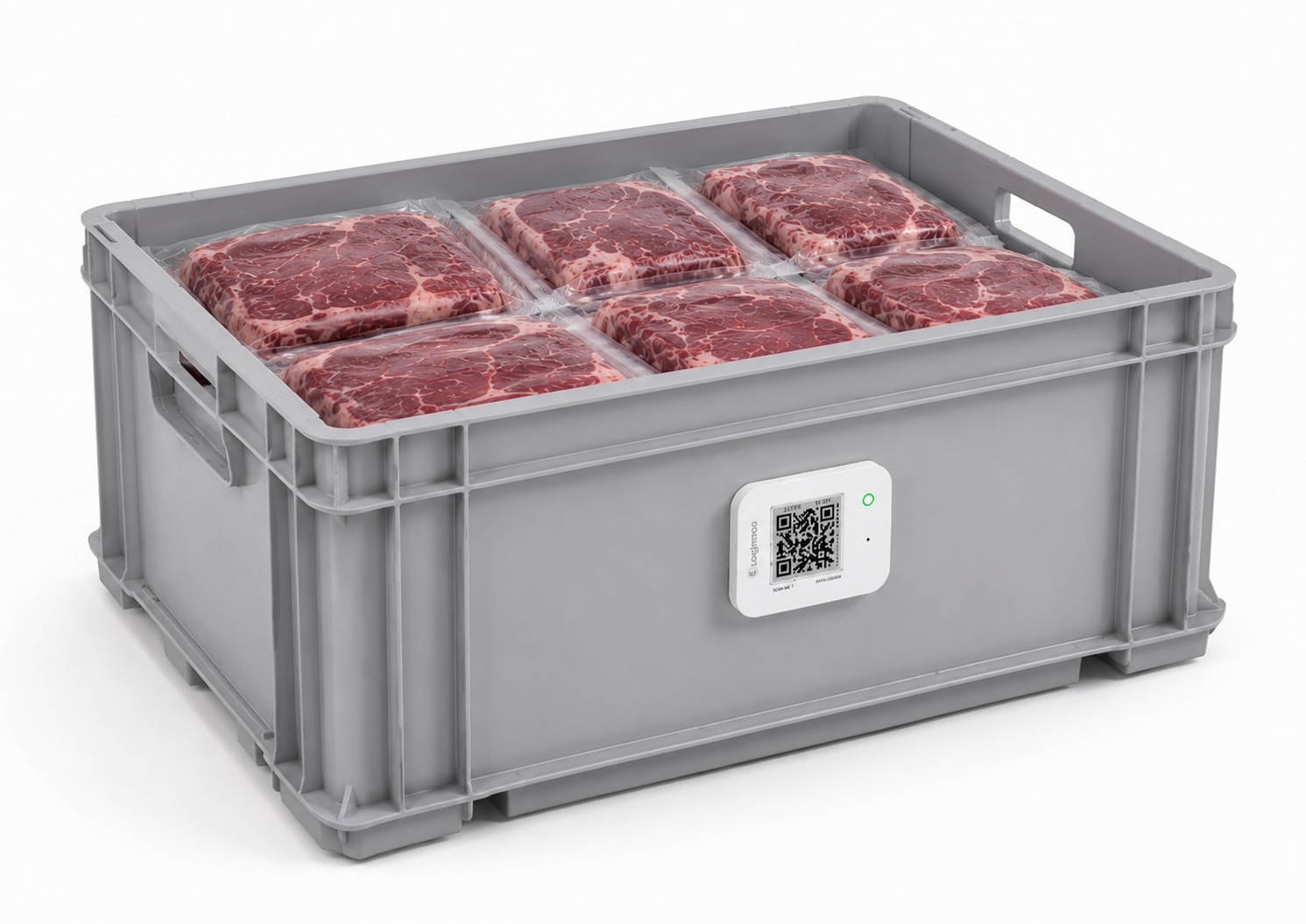 Packaged meat in a plastic transport box with a Logmore QR data logger